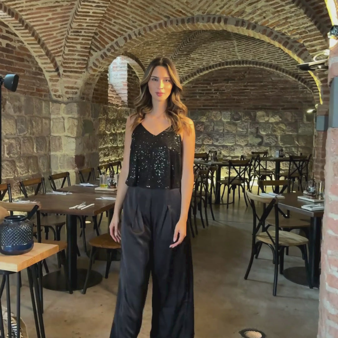 Emma Clara - Conjunto Top Lentejuelas y Palazzo Oriana Negro