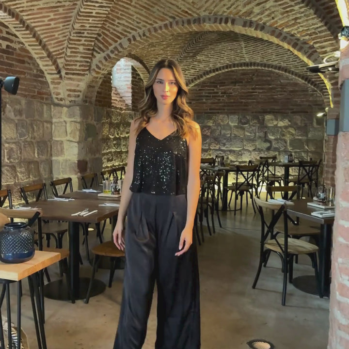 Emma Clara - Conjunto Top Lentejuelas y Palazzo Oriana Negro