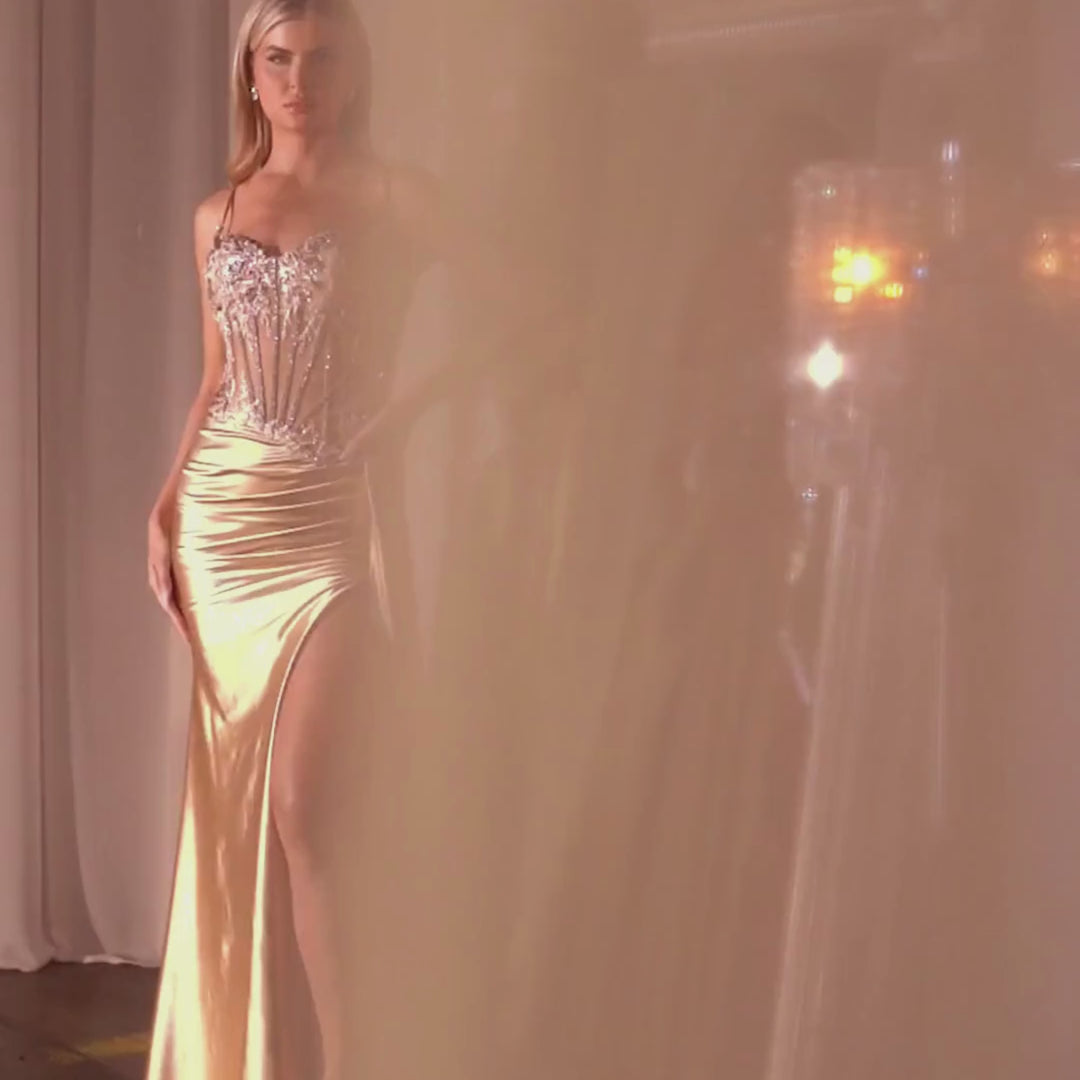 Emma Clara - Vestido De Fiesta Corset y Abertura EC0141 Dorado