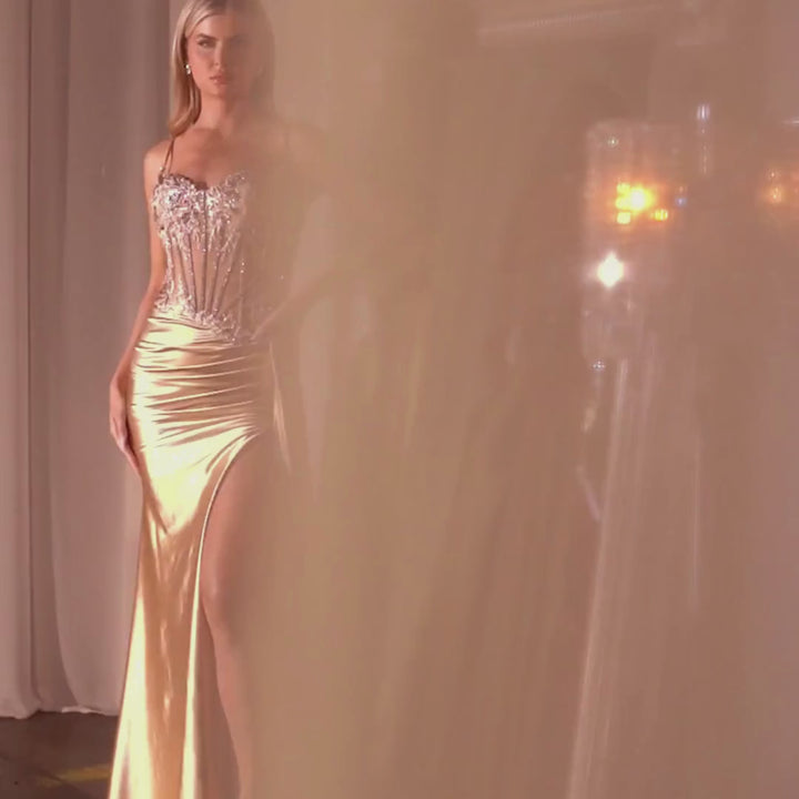 Emma Clara - Vestido De Fiesta Corset y Abertura EC0141 Dorado
